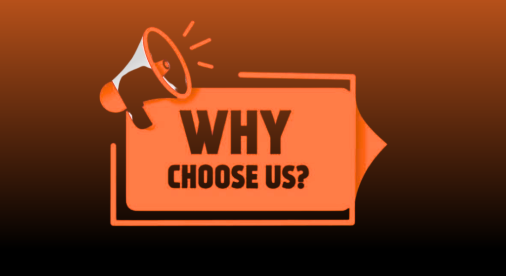 An orange megaphone graphic with Why Choose Us text for SEO Marketing Services