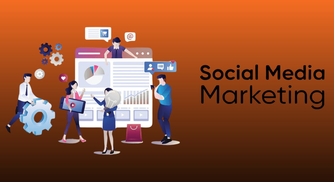Social media marketing service illustration showing a team managing content, analytics, audience engagement, and digital marketing campaigns.
