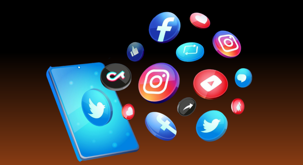 Social media marketing services concept showing a smartphone with floating social media icons like Facebook, Instagram, Twitter, TikTok, and YouTube representing digital marketing services.