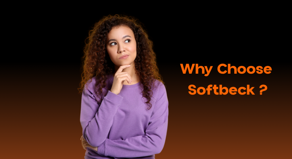 A thoughtful young woman looking to the side next to the text "Why Choose Softbeck?", representing a professional Social Media Marketing Service.