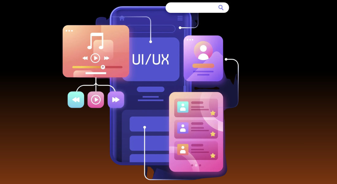 A dynamic digital illustration of a smartphone surrounded by floating interface elements and app widgets, showcasing professional UI UX design services.