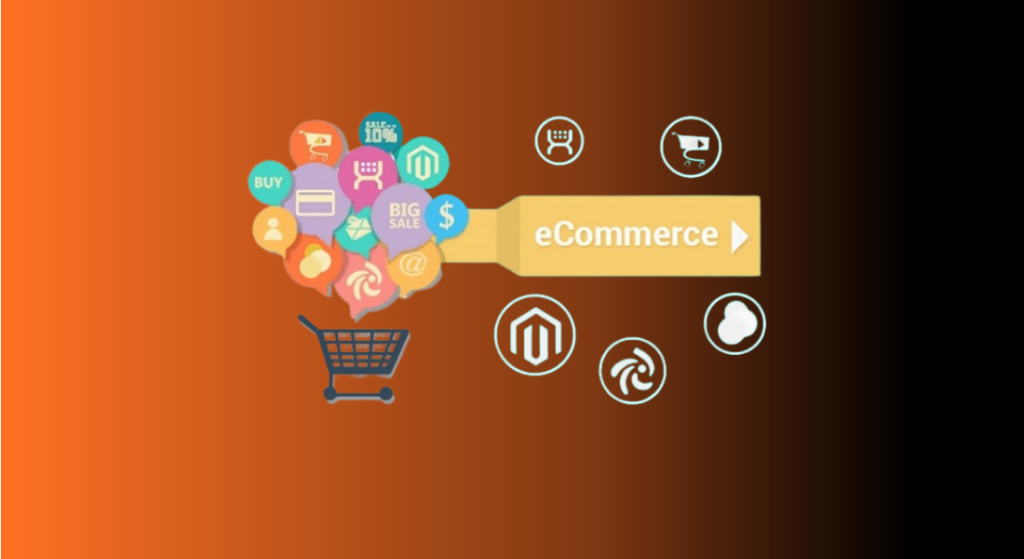 Ecommerce business growth illustration featuring ecommerce icons, feature boxes, and digital commerce elements representing a complete online store solution