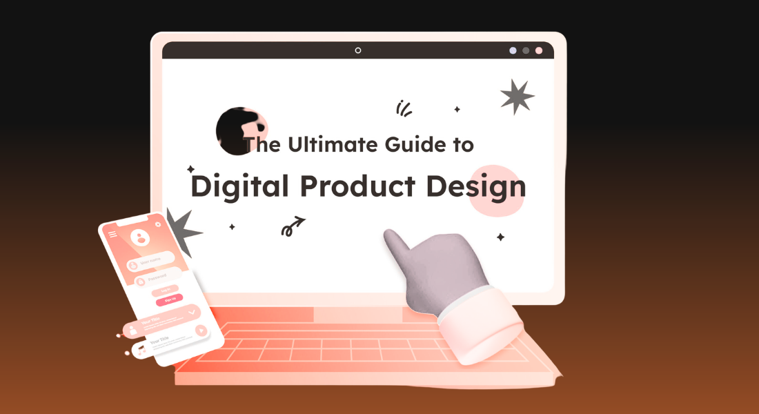 A stylized digital illustration of a laptop showing "The Ultimate Guide to Digital Product Design" on screen, representing professional services from a Digital Product Design Company.