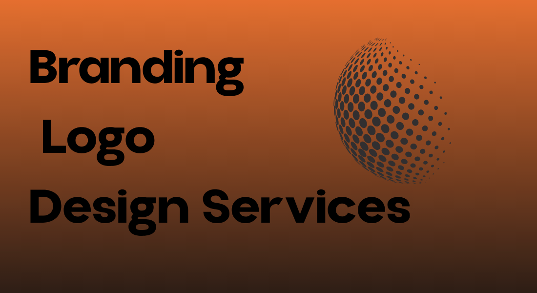 A promotional banner featuring an orange and black gradient background with a halftone dotted globe graphic on the right and the text "Branding Logo Design Services" in bold black font on the left.