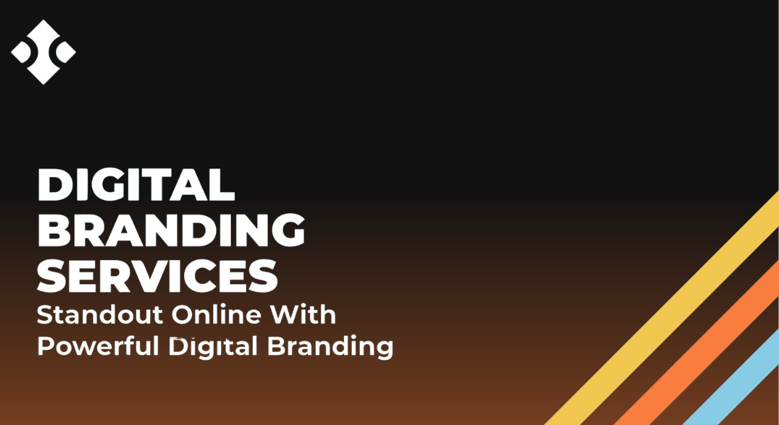 Minimalist banner with white geometric logo, text "DIGITAL BRANDING SERVICES", and colorful diagonal stripes, perfect for promoting digital design services.