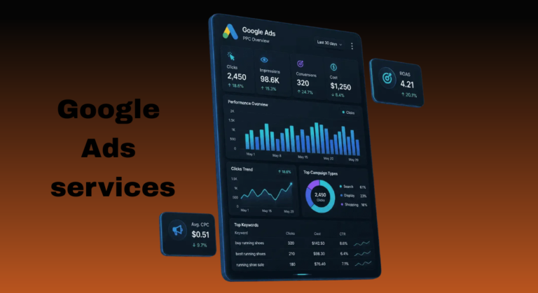 Google Ads Agency dashboard displaying PPC performance overview, clicks trend, and top campaign types on a dark blue interface with a brownish background.