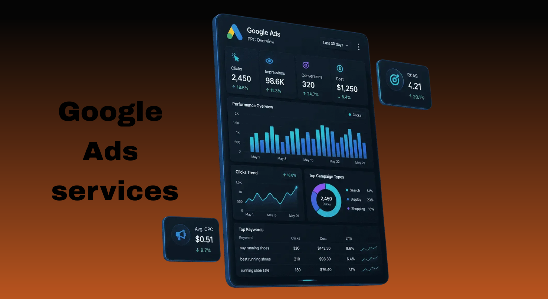 Google Ads Agency dashboard displaying PPC performance overview, clicks trend, and top campaign types on a dark blue interface with a brownish background.