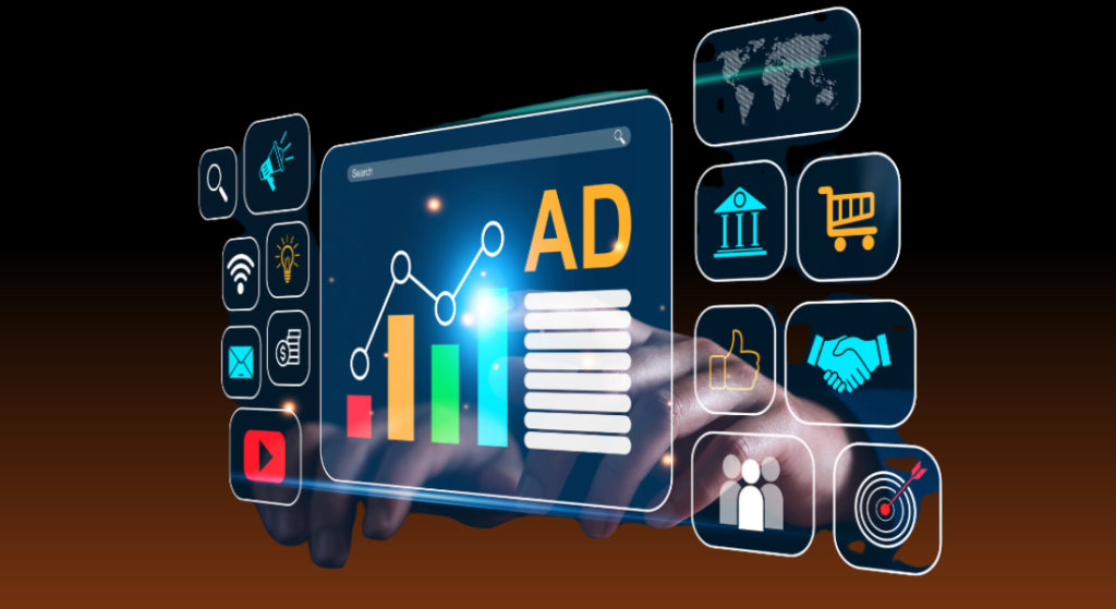A futuristic digital interface showing performance metrics and marketing icons, highlighting strategic solutions provided by a Google Ads Agency on a dark brown gradient background.