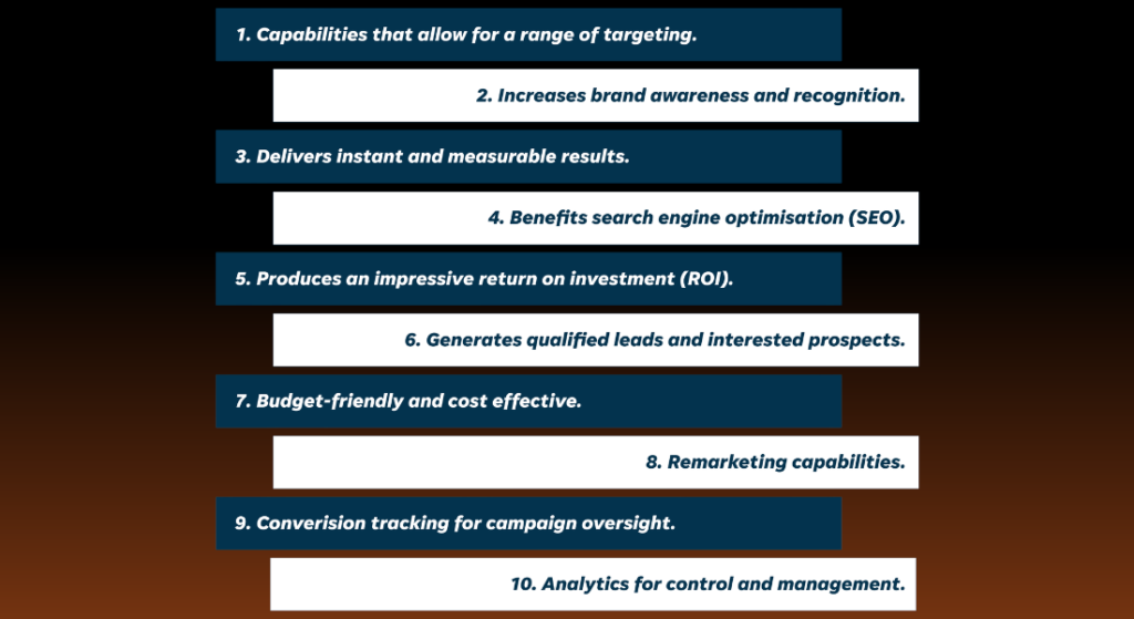 An infographic displaying a numbered list from 1 to 10 highlighting marketing benefits managed by a Google Ads Agency, featuring alternating dark blue and white text blocks on a dark brown background