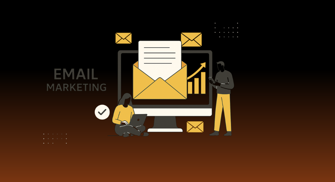 An illustration showing a computer screen with an open envelope and growth charts, representing professional email marketing services UK.