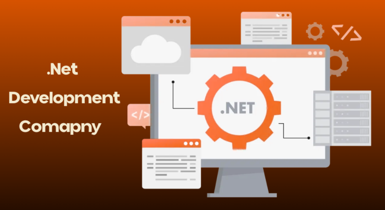 Computer monitor with a .NET gear logo and cloud graphics illustrating professional .NET Development Services, with text on an orange background