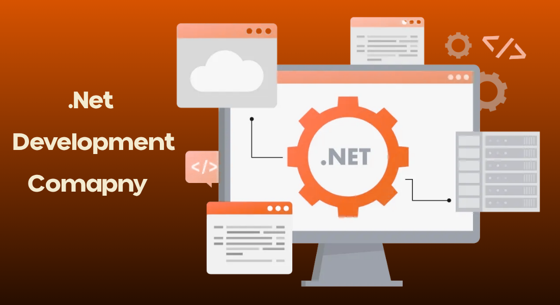 Computer monitor with a .NET gear logo and cloud graphics illustrating professional .NET Development Services, with text on an orange background