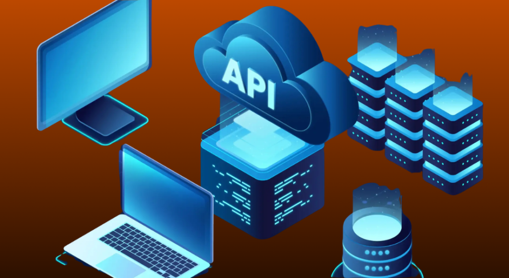 Isometric 3D illustration showcasing cloud based API integration and server database systems as part of .NET Development Services.
