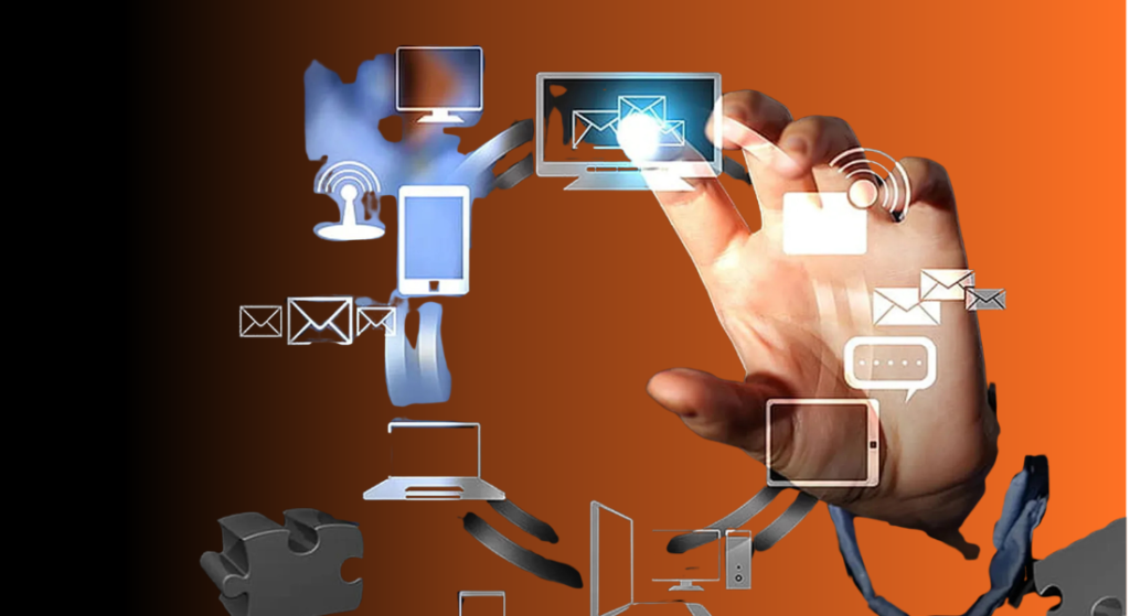 Web Application Development Services illustration showing connected digital devices, communication systems, data exchange, and interactive web application technology.