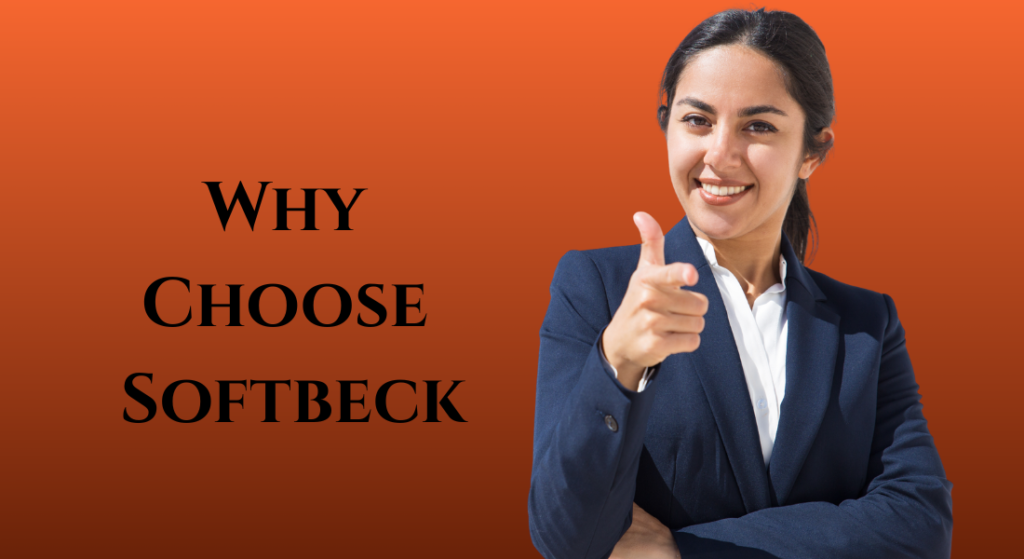A smiling businesswoman in a navy blazer pointing forward against an orange background, featuring the text "Why Choose Softbeck" for a b2b email marketing agency campaign.