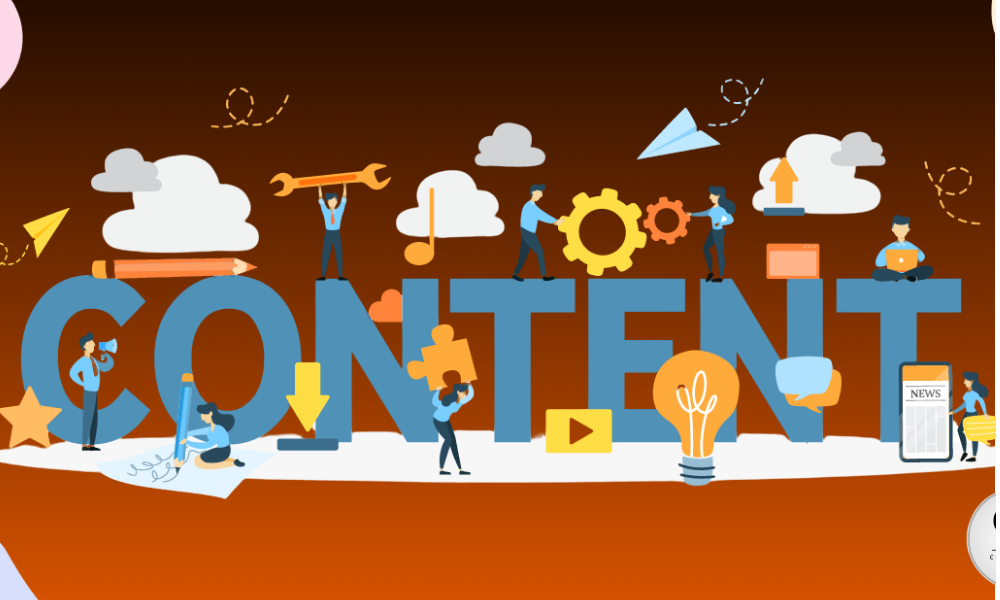 A creative team collaborating on content marketing services with a large "CONTENT" text and digital creation tools on a brown background.