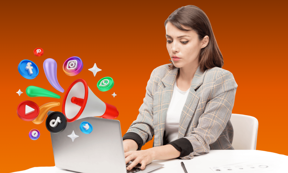 A team working on content marketing services with a large "CONTENT" text and digital creation tools.