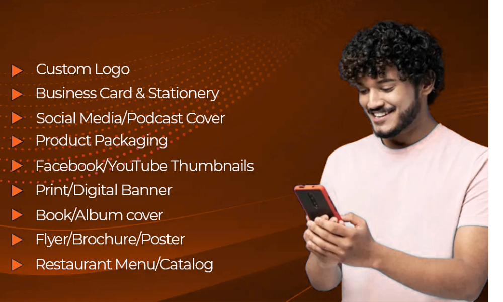 A smiling young man looking at his smartphone next to a list of professional Social Media Graphic Design Services on a brown background.
