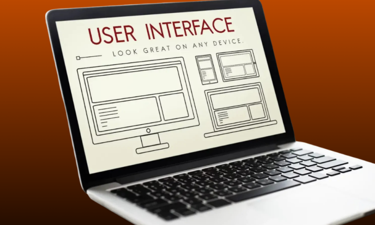 A laptop screen displaying a responsive user interface design services wireframe across different devices.