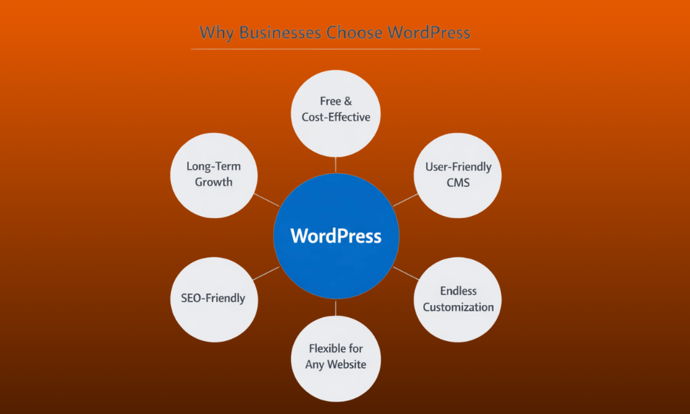 Why businesses choose WordPress web development services infographic on an orange background.