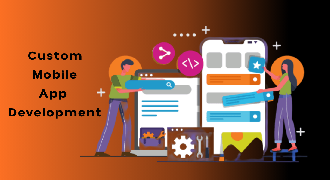 Custom Mobile App Development Services illustration showing mobile application design, development, and user focused digital solutions for businesses.