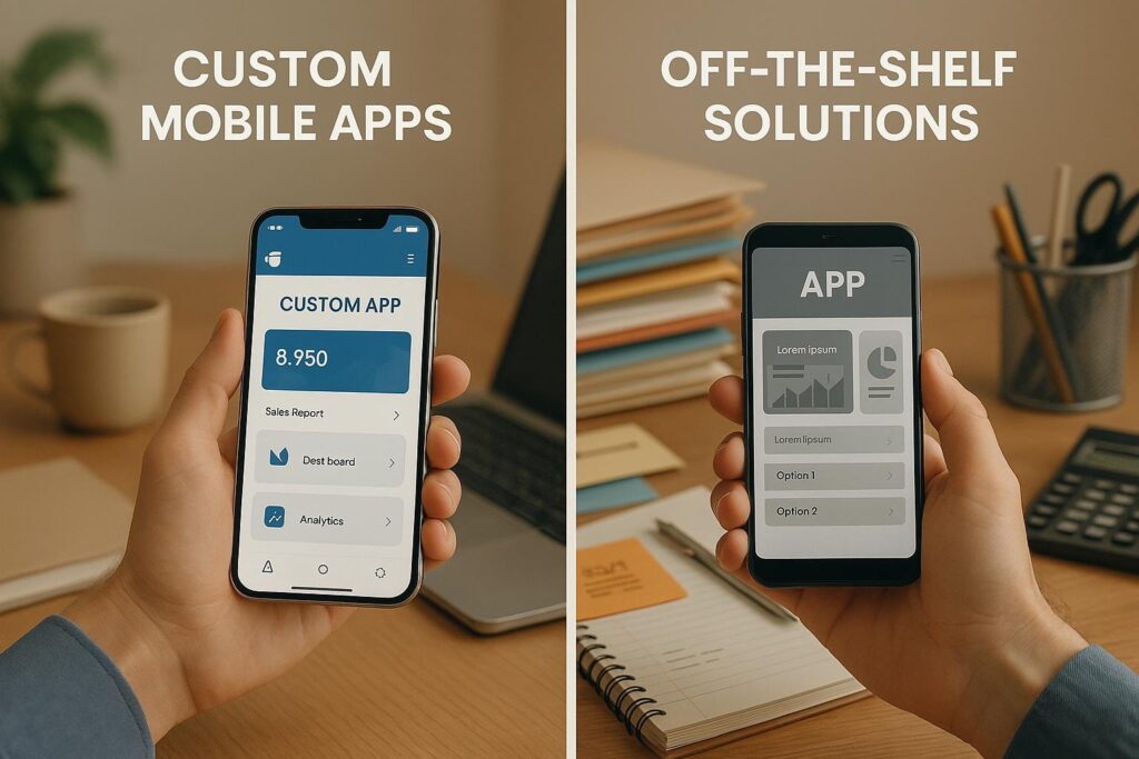 Custom mobile app development and off the shelf solutions comparison displayed on mobile app screens.