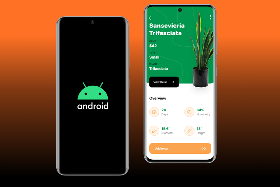 Android App Development UK services showing a custom mobile plant shopping application interface on two smartphones.